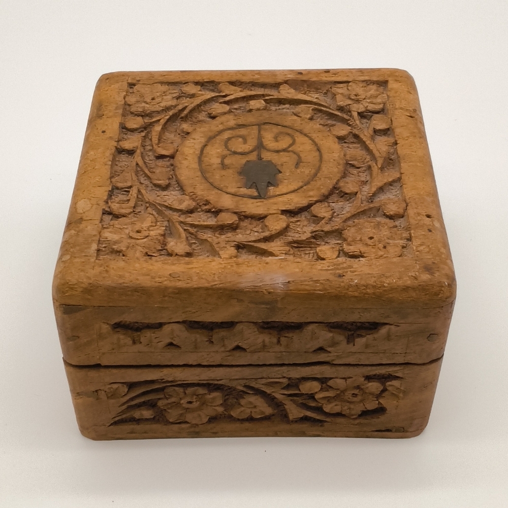 Vintage Hand-Carved Wooden Trinket Box - Red Velvet Lining